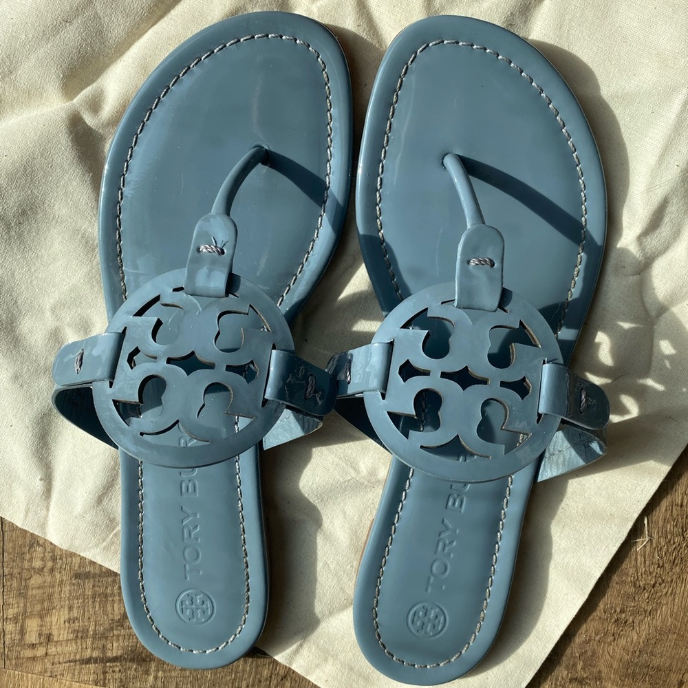 Tory Burch patent leather miller sandals size 8. Blue Calla color